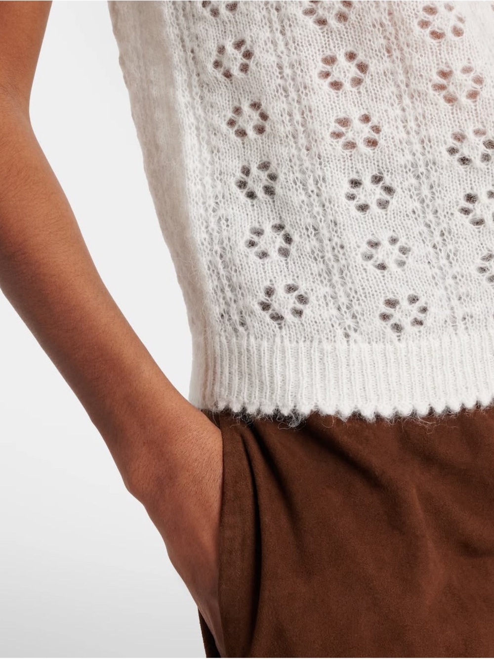 DÔEN Monica Alpaca Wool Pointelle Short Sleeve Sweater - Ivory/Swan XS - Picture 3 of 5